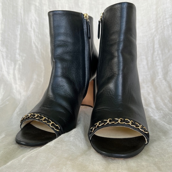 CHANEL Black Lambskin Peep-Toe Booties Chain Trim CC Heel Sz 39 Italy Chic - Picture 2 of 16